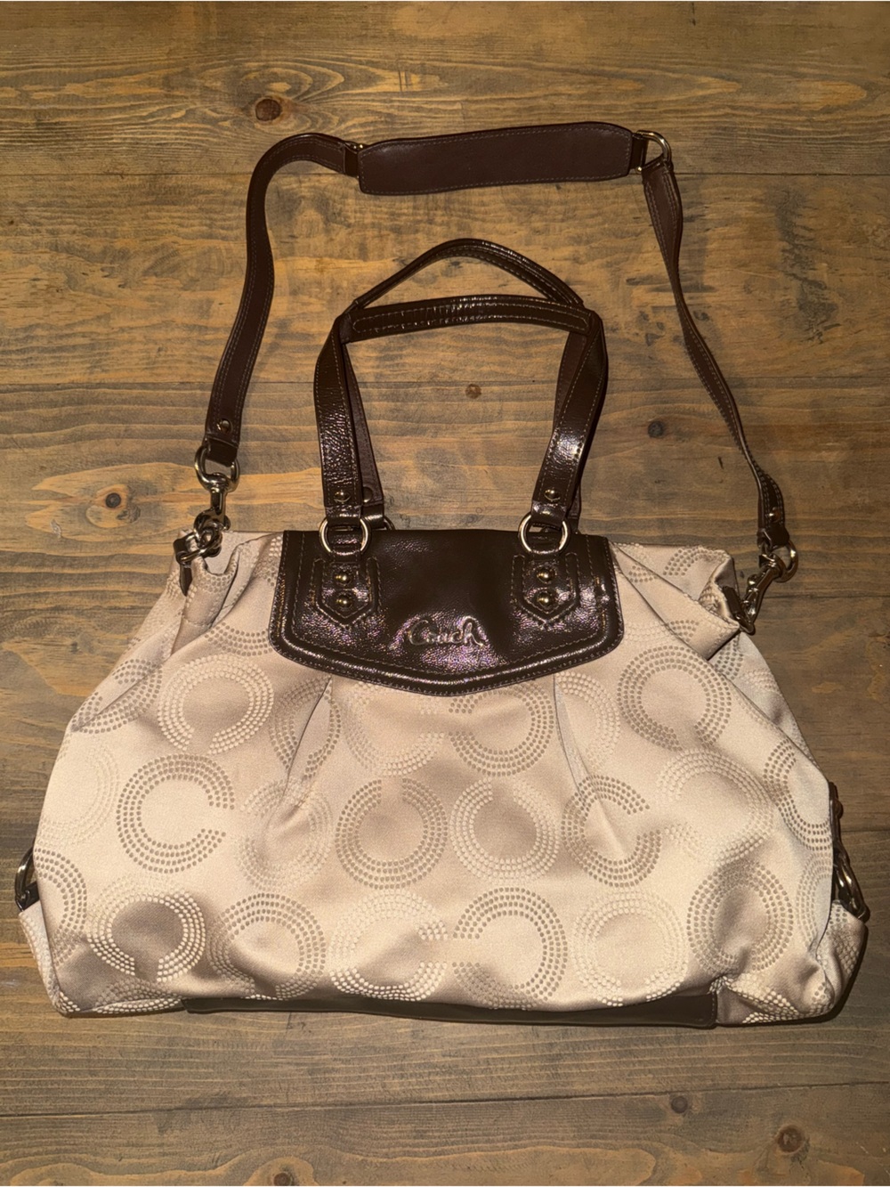 Coach Ashley Dotted Op Art Beige & Brown Patent Leather Trim Purse